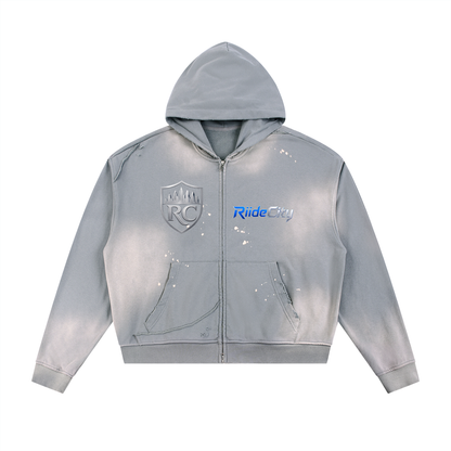 Sun Fade Frayed Raw Edge Fleece Zip Hoodie